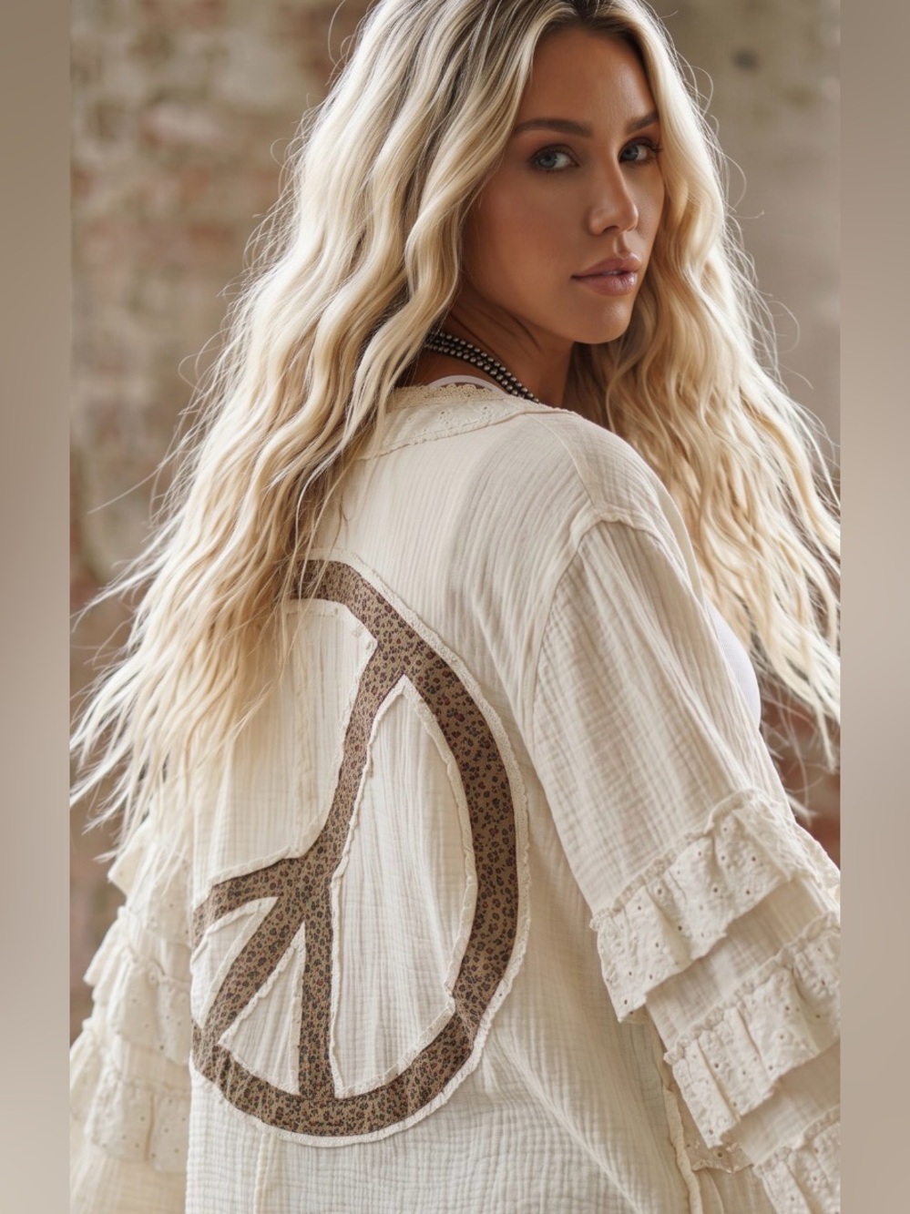 NWT POL Peace Patchwork Boho Ruffle Crochet Eyelet Open Cardigan - Picture 7 of 11